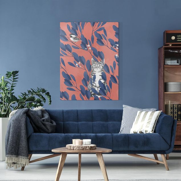 Déco murale cuisine Illustration Chat et Oiseau sur une Branche Bleu Rouge
