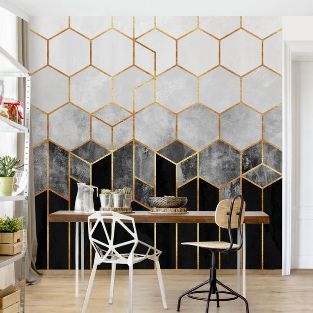 Papiers peints géométriques Hexagones d'or noir et blanc