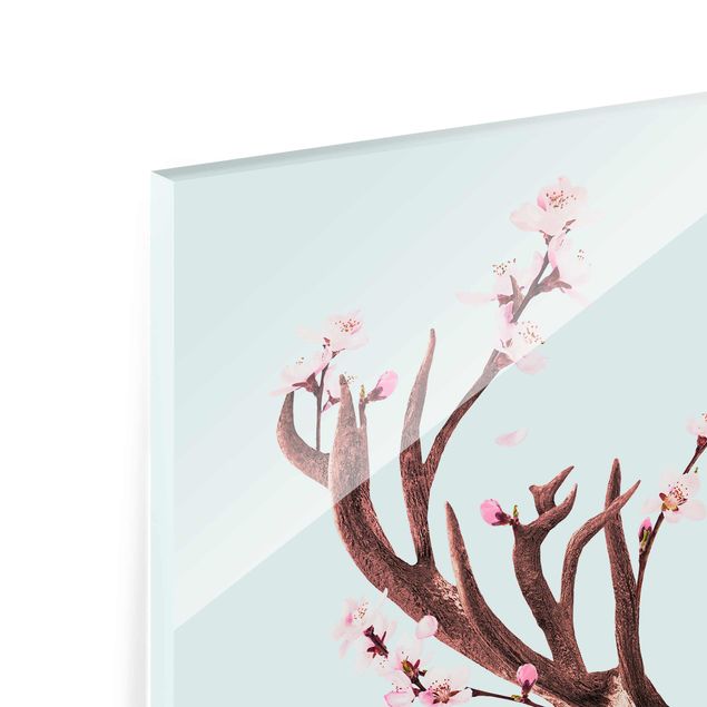 Tableau turquoise Cerf avec fleurs de cerisier