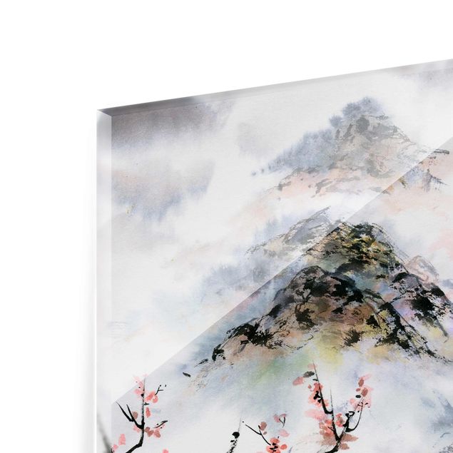 Tableau fleurs Dessin aquarelle japonais Cerisier et montagnes