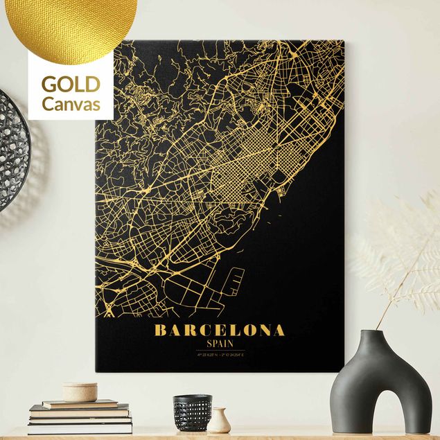 Tableaux sur toile en noir et blanc Plan de ville de Barcelone - Noir classique