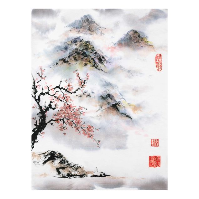 Tableau verre montagne Dessin aquarelle japonais Cerisier et montagnes