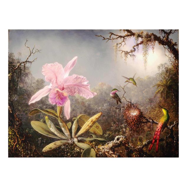 Tableaux en verre fleurs Martin Johnson Heade - Orchidée et trois colibris