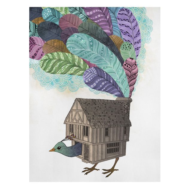 Tableau animaux Illustration Maison d'Oiseaux avec Plumes