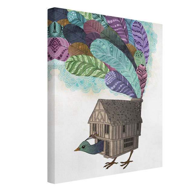 Tableau moderne Illustration Maison d'Oiseaux avec Plumes