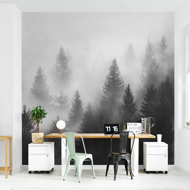 Déco murale cuisine Forêt de conifères dans le brouillard Noir et blanc