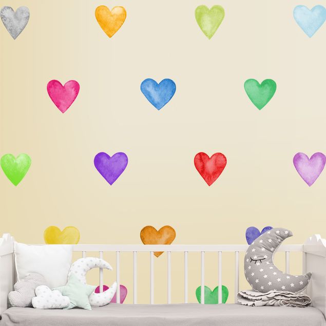Stickers muraux coeurs 35 cœurs aquarelle de différentes couleurs