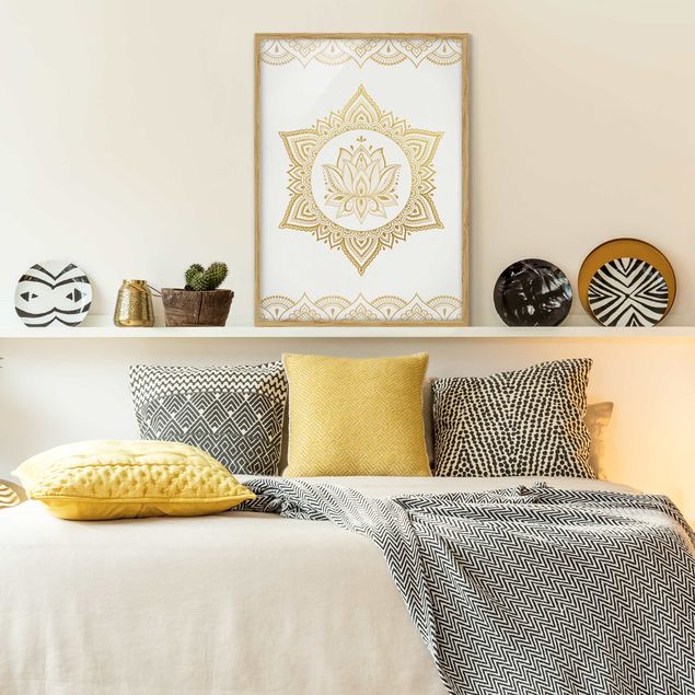 Tableau moderne Illustration Mandala Lotus Or blanc