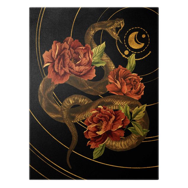 Tableaux toile Serpent avec Roses Noir Et Or II