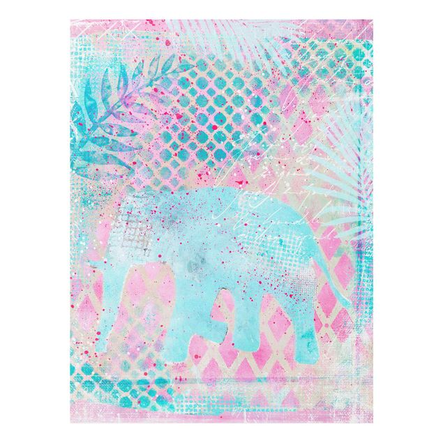 Tableau moderne Collage coloré - Eléphant en bleu et rose
