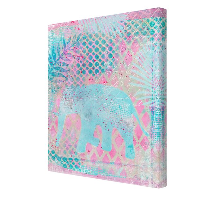 tableaux floraux Collage coloré - Eléphant en bleu et rose
