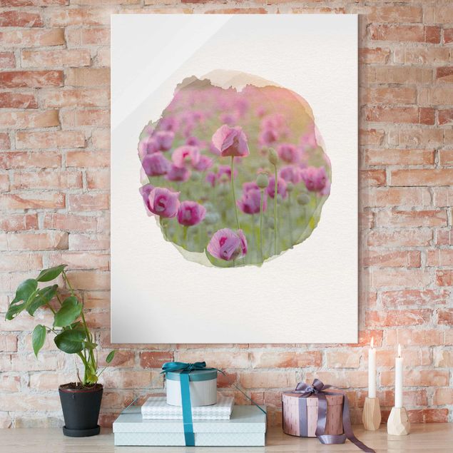 Tableau décoration Aquarelles - Champ de coquelicots violets au printemps