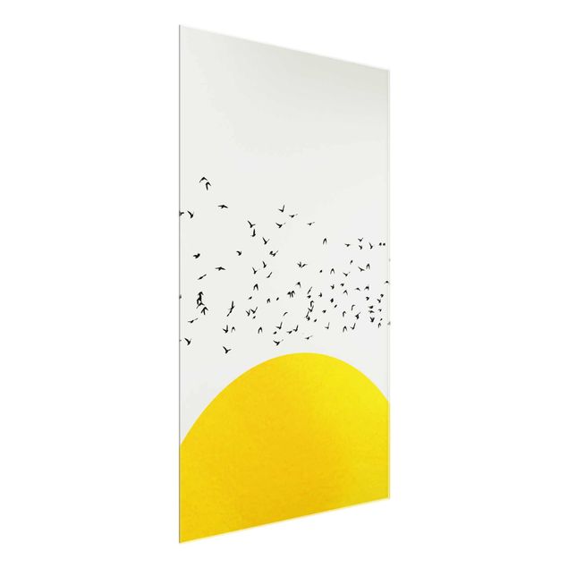 Tableau moderne Foule d'oiseaux devant un soleil jaune