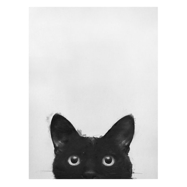 Tableaux sur toile en noir et blanc Illustration Chat Noir sur Peinture Blanche