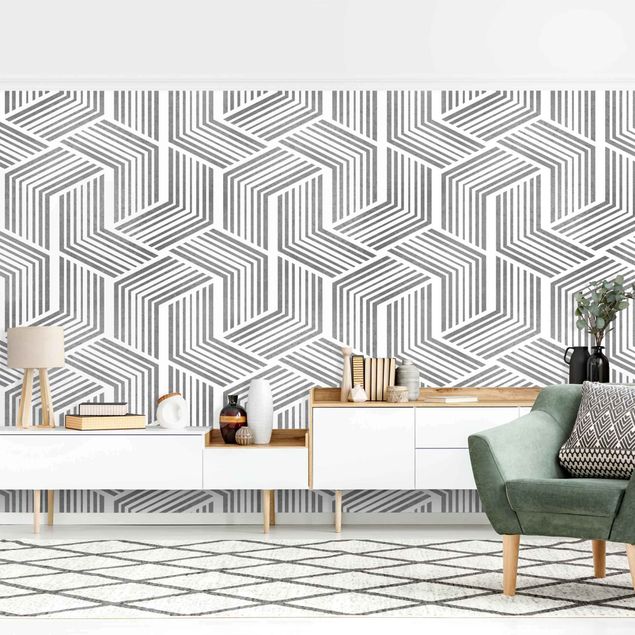 Papiers peints géométriques 3D Pattern With Stripes In Silver