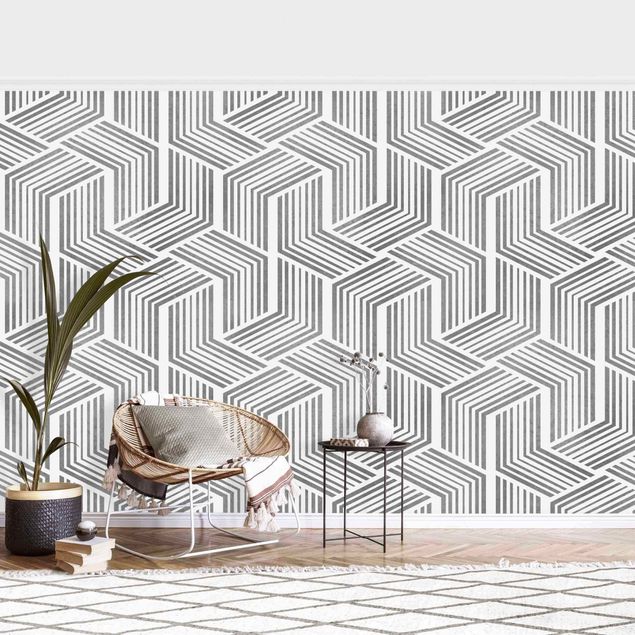 Papier peint moderne 3D Pattern With Stripes In Silver