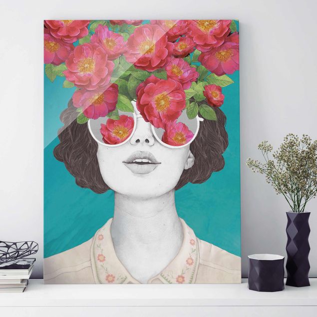 Tableaux muraux Illustration Portrait Femme Collage avec Fleurs Lunettes