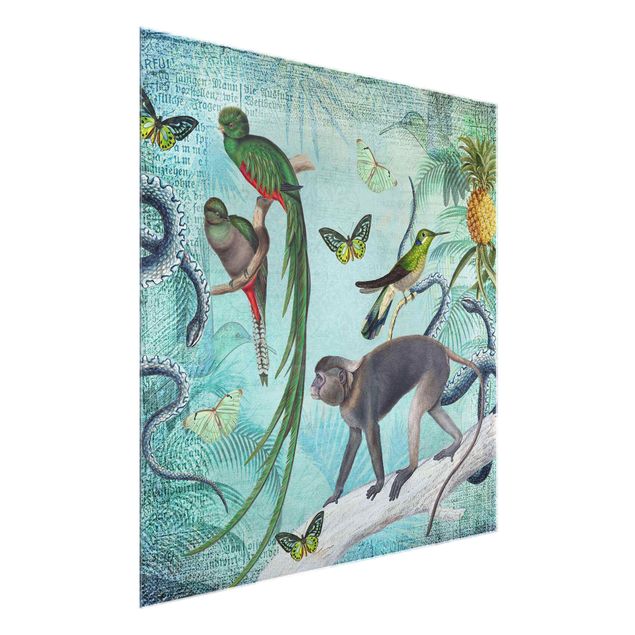 Tableau moderne Collage de style colonial - Singes et oiseaux de paradis