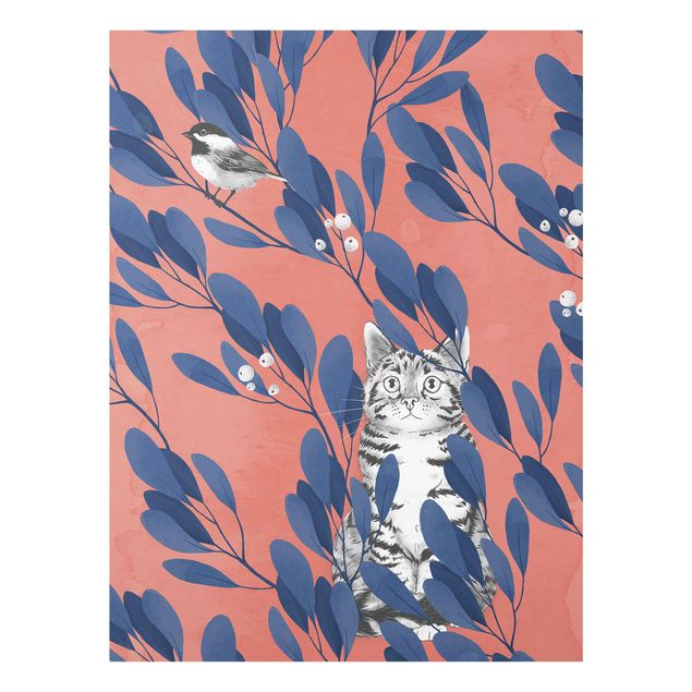 Tableaux animaux Illustration Chat et Oiseau sur une Branche Bleu Rouge
