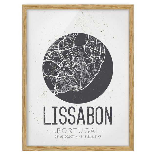 Tableaux encadrés citations Plan de ville de Lisbonne - Rétro