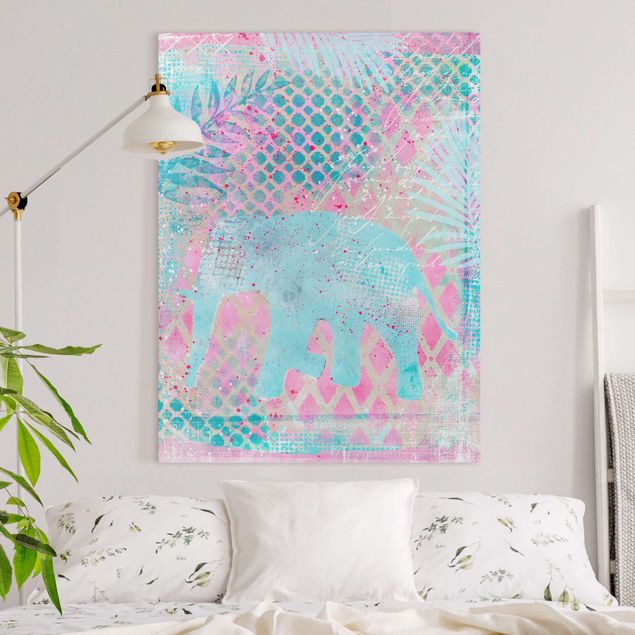 Déco mur cuisine Collage coloré - Eléphant en bleu et rose