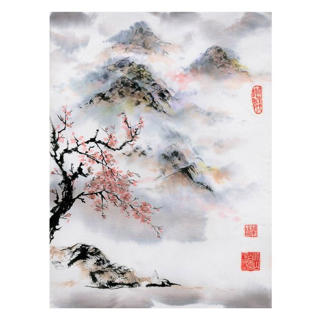 Toile montagne Dessin aquarelle japonais Cerisier et montagnes