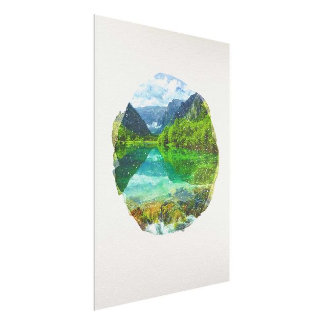 Tableau montagne Aquarelles - Lac de montagne avec reflet d'eau