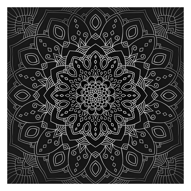 Papier peint - Mandala Flower Pattern Silver Black