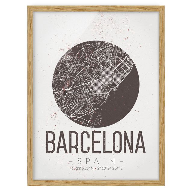 Affiches encadrées citations Plan de ville de Barcelone - Rétro
