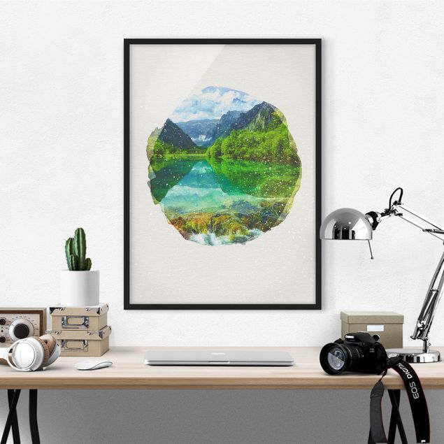 Tableaux paysage Aquarelles - Lac de montagne avec reflet d'eau