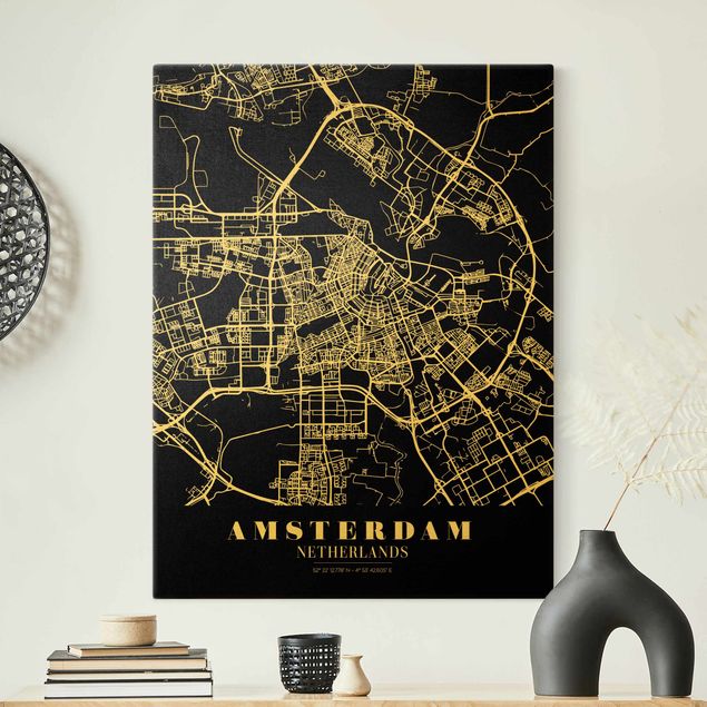 Tableaux citations Plan de ville d'Amsterdam - Noir classique