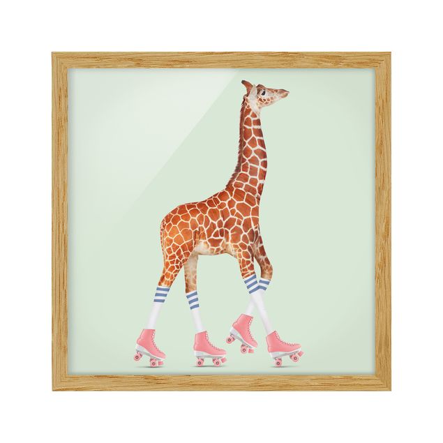 Tableaux encadrés animaux Girafe avec des patins à roulettes