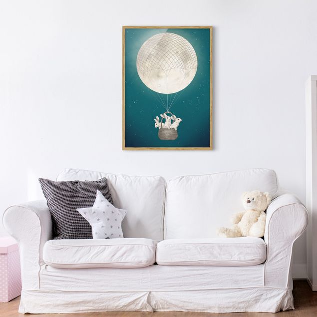 Tableaux moderne Illustration Lapins Lune comme Montgolfière Ciel étoilé