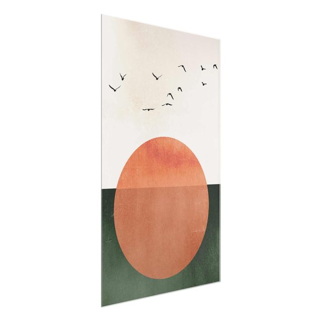 Tableau moderne Volée d'oiseaux devant le soleil levant
