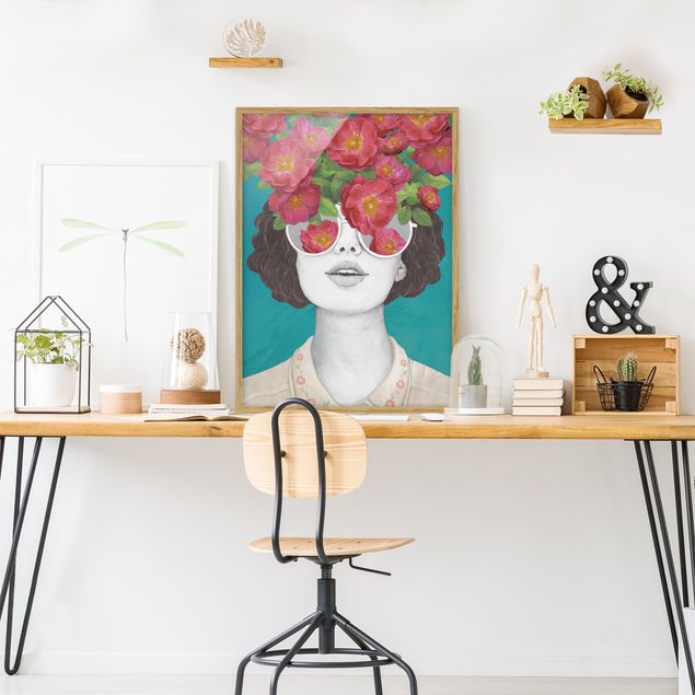 Tableau portrait Illustration Portrait Femme Collage avec Fleurs Lunettes