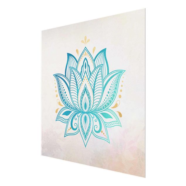 Tableau turquoise Illustration Lotus Mandala Or Bleu