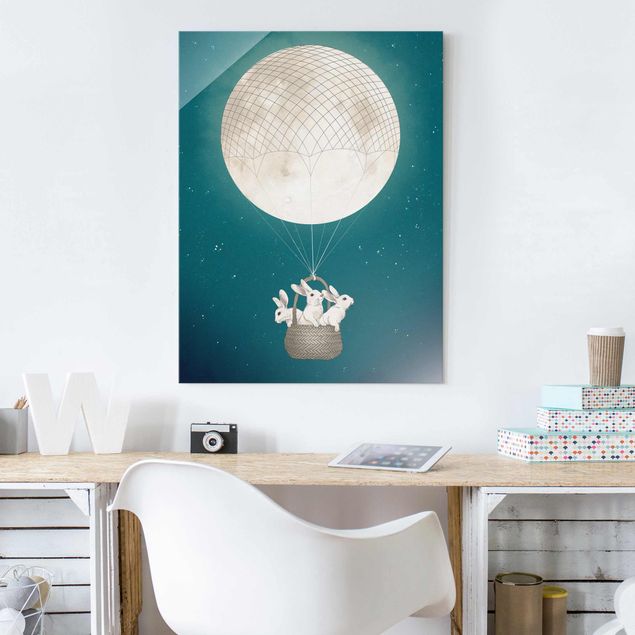 Déco murale cuisine Illustration Lapins Lune comme Montgolfière Ciel étoilé