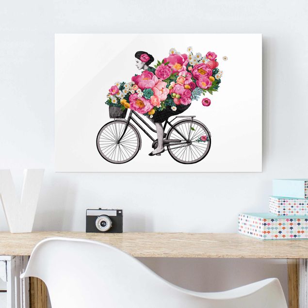 Tableaux en verre magnétique Illustration Femme à Bicyclette Collage Fleurs Colorées