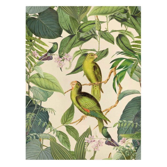 Tableau fleurs Collage Vintage - Perroquets dans la jungle