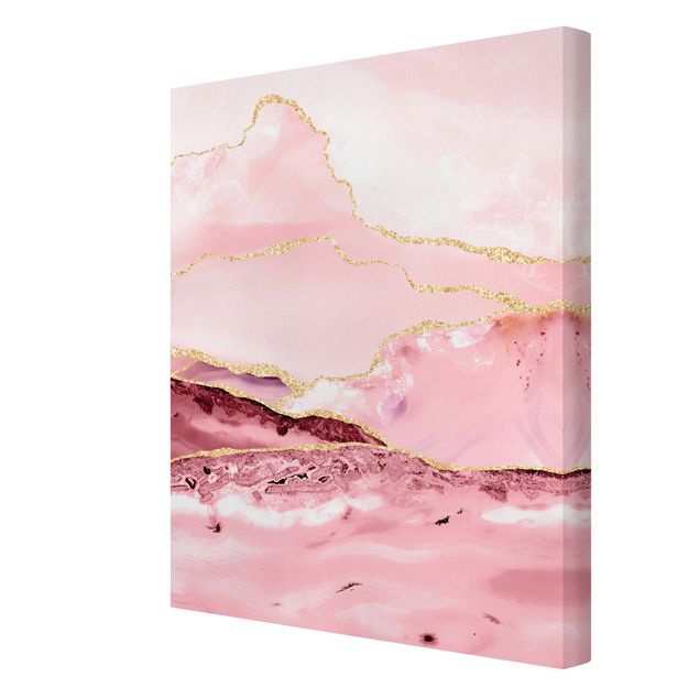Reproduction sur toile Abstract Mountains Pink With Golden Lines