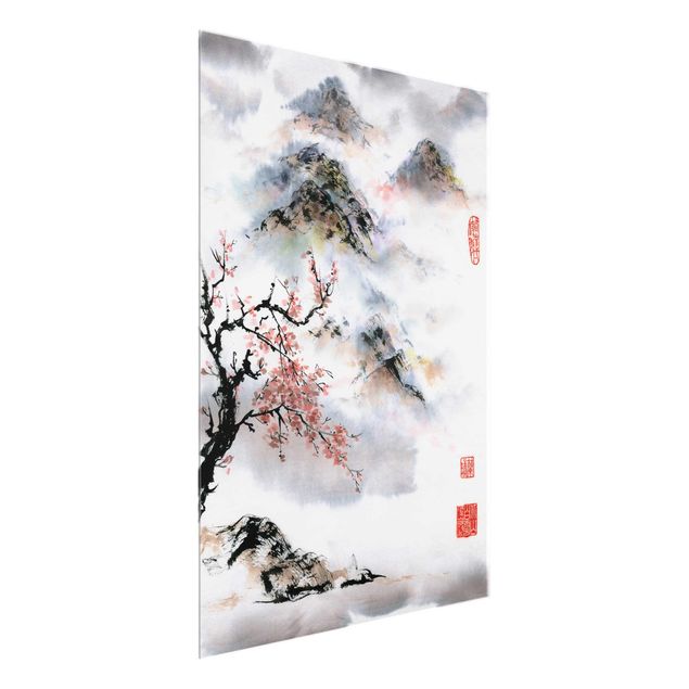 Tableau montagnes Dessin aquarelle japonais Cerisier et montagnes