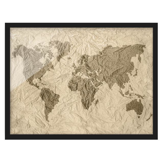 Poster encadré - Paper World Map Beige Brown
