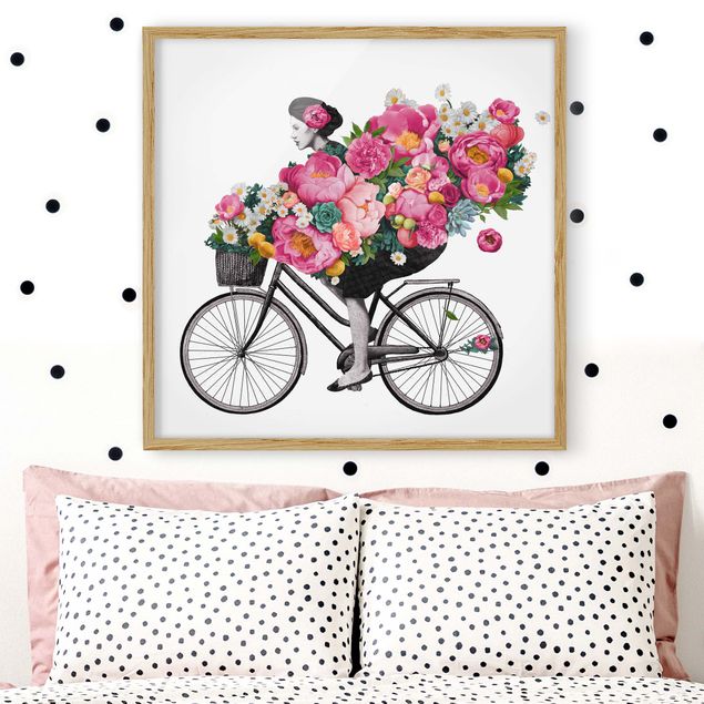 Décorations cuisine Illustration Femme à Bicyclette Collage Fleurs Colorées