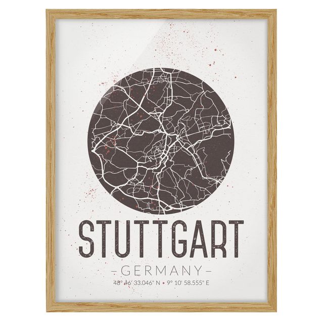 Tableaux encadrés citations Plan de ville de Stuttgart - Rétro