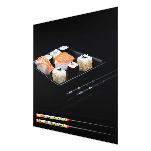 Tableau décoration Assiette de Sushi avec baguettes noires