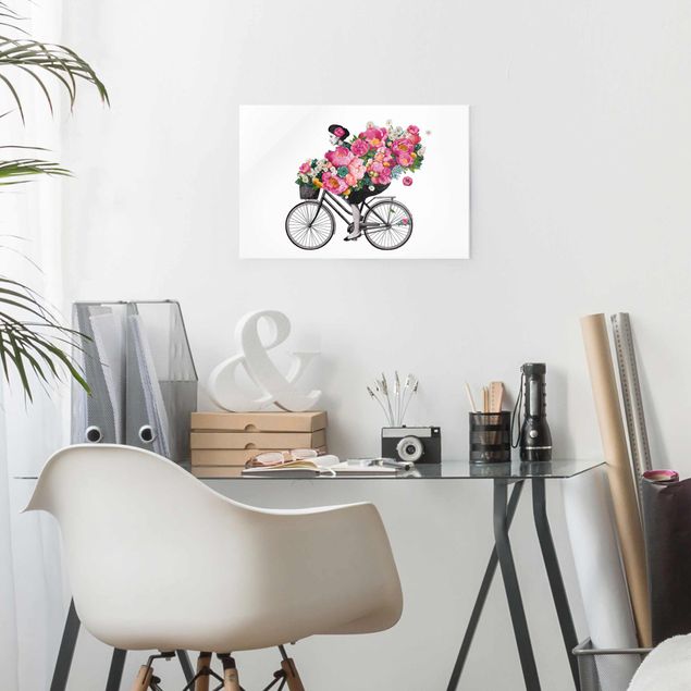 Tableaux en verre fleurs Illustration Femme à Bicyclette Collage Fleurs Colorées