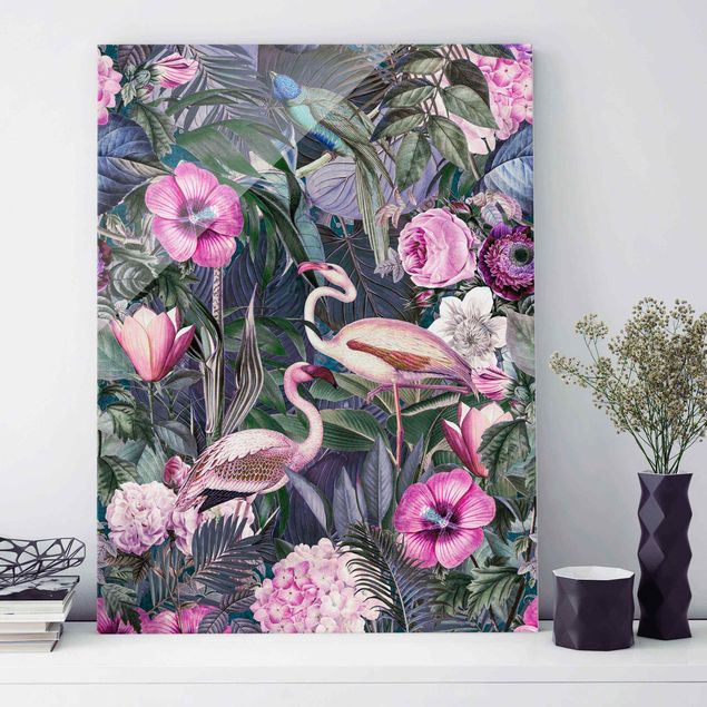 Tableaux en verre roses Collage coloré - Flamants roses dans la jungle