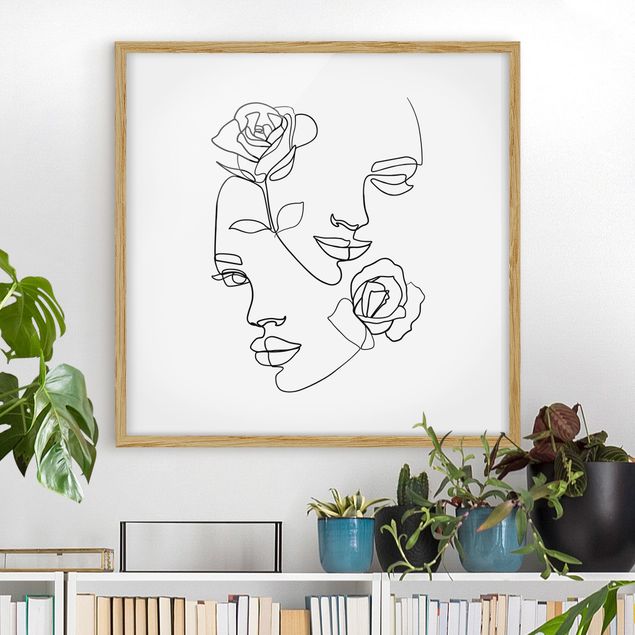 Décoration artistique Line Art Visages Femmes Roses Noir et Blanc