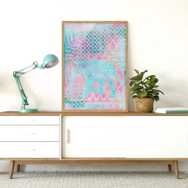 Tableau paysage Collage coloré - Eléphant en bleu et rose
