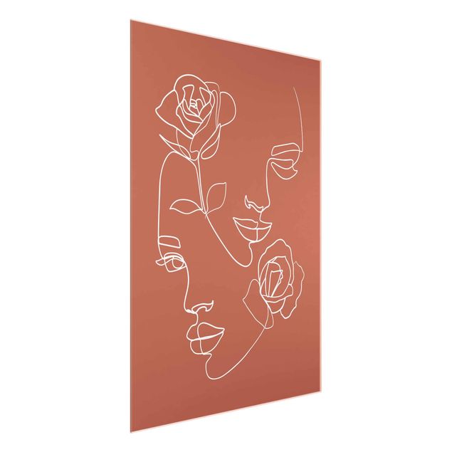 Tableau artistique Line Art Visages Femmes Roses Cuivre